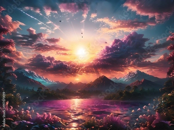 Obraz This captivating image features a man standing on a hill, gazing at a breathtaking sunset that paints the sky in vibrant hues of orange, pink, and purple.