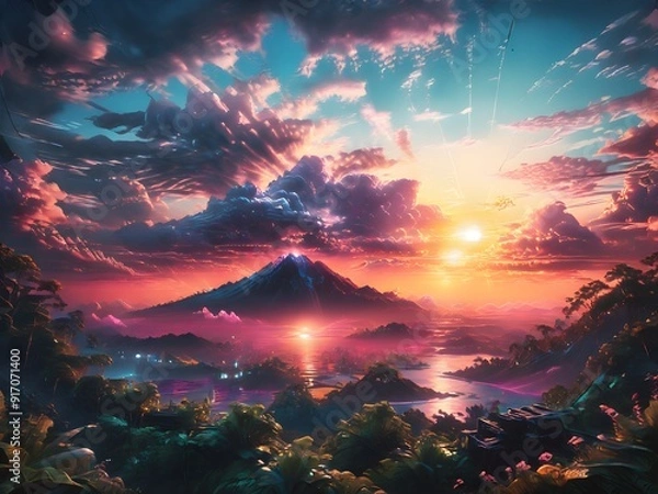 Obraz This captivating image features a man standing on a hill, gazing at a breathtaking sunset that paints the sky in vibrant hues of orange, pink, and purple.