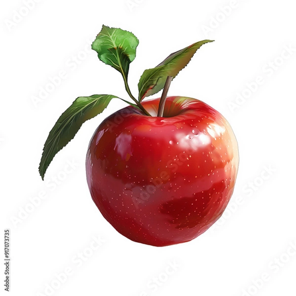 Fototapeta Single red apple with leaf isolated on pure white backdrop