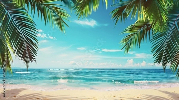 Fototapeta Tropical beach scene with bordering palm trees. Generative Ai