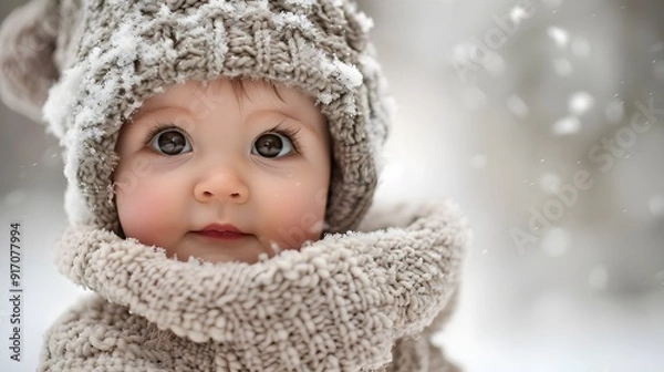 Fototapeta Smiling baby enjoying the snowfall from stroller. Scared girl riding in a rollercoaster Baby boy smiling reaching for camera Weekends in the Sun