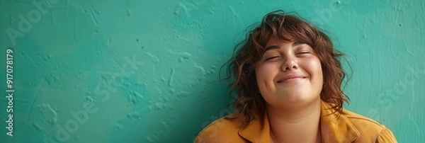 Fototapeta An image of a happy, overweight woman on a green. Generative Ai