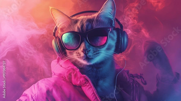 Fototapeta Surreal or fantasy portrait of a cat wearing a pink jacket, sunglasses and headphones with an abstract 
