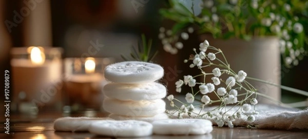Fototapeta Stacked reusable cotton pads with flowers and candles in the background. The composition exudes a calm, eco-friendly, and sustainable lifestyle. Ideal for wellness and beauty content. Photograph, hori