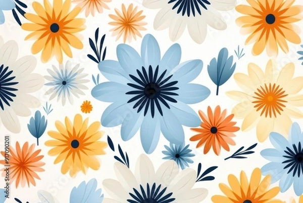 Obraz Abstract flower pattern illustration, isolate, white background, flat design, top view, modern theme, cartoon drawing, Split-complementary color scheme.