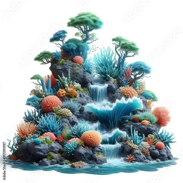 Obraz Generative AI   A vibrant 3D rendering of a coral reef featuring cascading waterfalls amidst colorful marine life. A captivating 3D rendering of a coral reef, complete with waterfalls and a rich array