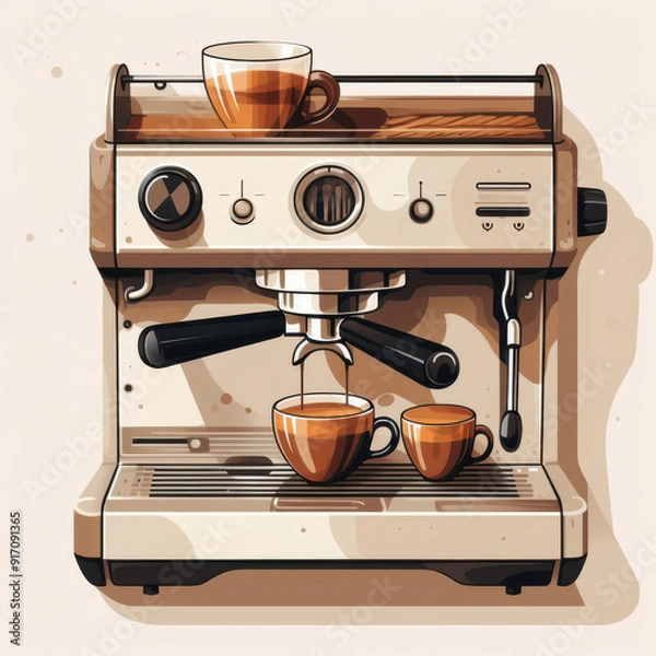 Fototapeta Stylish coffee machine brewing espresso with two cups, showcasing modern design and rich coffee aromas.