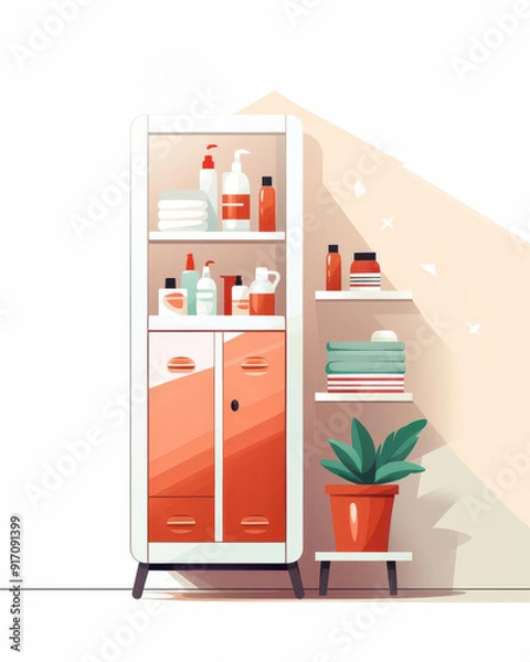 Fototapeta Stylish storage cabinet with organized household items, bright colors, and a touch of greenery for a fresh home aesthetic.