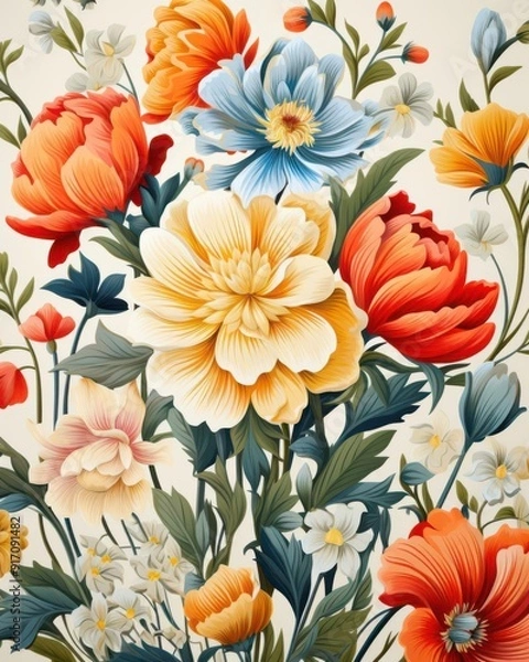Fototapeta Floral pattern illustration, isolate, white background, flat design, side view, vintage theme, water color, Complementary Color Scheme.