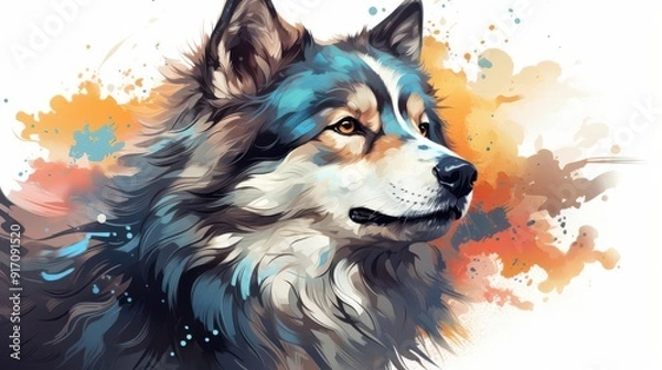 Fototapeta Animal portrait illustration, isolate, white background, flat design, side view, pet theme, water color, Complementary Color Scheme. wolf watercolor.
