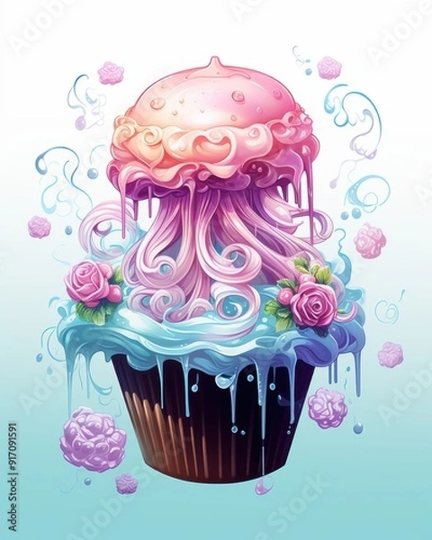 Fototapeta Whimsical cupcake design featuring a jellyfish and colorful decorations for playful and imaginative themes.
