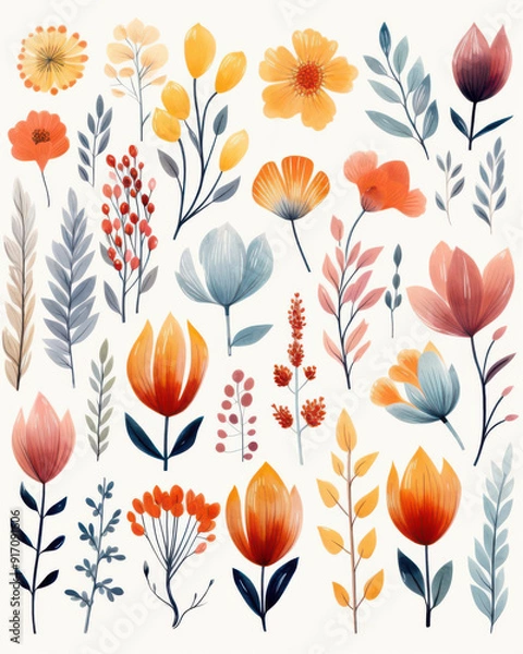 Fototapeta A vibrant collection of hand-painted flowers in various colors, perfect for nature-themed designs and artistic projects.
