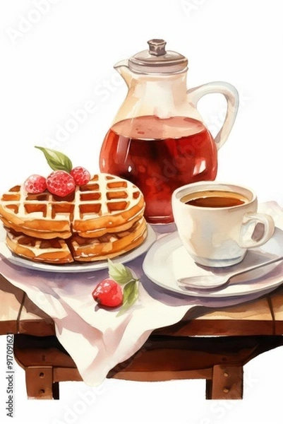 Fototapeta A delightful breakfast scene featuring waffles, a cup of coffee, and a pitcher of tea on a rustic table setting.