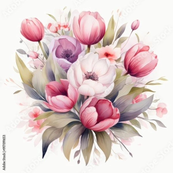 Fototapeta A card flowers illustration, isolate, white background, flat design, top view, floral theme, water color, Complementary Color Scheme.