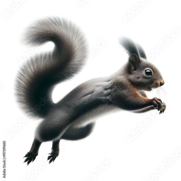 Obraz Generative AI   A squirrel is captured mid-flight, soaring gracefully through the air with its limbs outstretched.