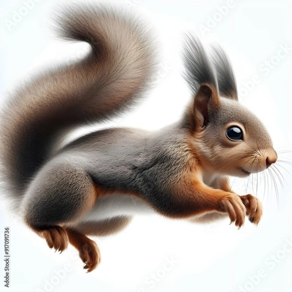 Obraz Generative AI  A squirrel leaps through the air, showcasing its agility and playful nature against a clear blue sky.