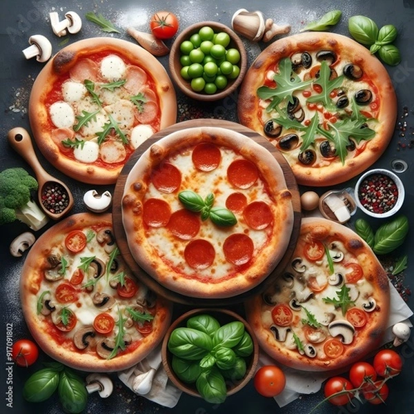 Fototapeta Generative AI   Multiple pizzas with different toppings presented against a white backdrop, emphasizing their colorful and appetizing appearance.