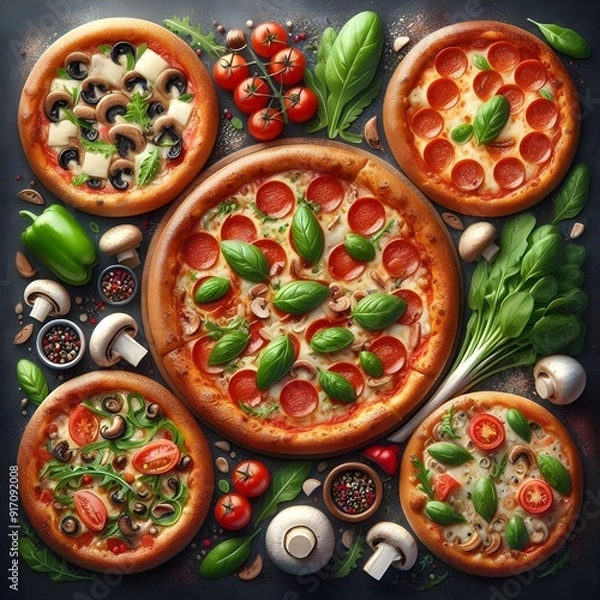 Obraz Generative AI  A variety of pizzas with assorted toppings displayed on a clean white background, showcasing vibrant colors and textures.

