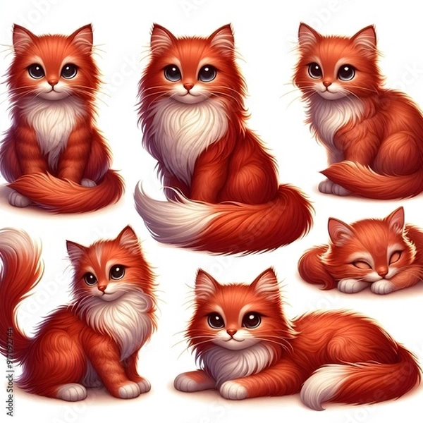 Fototapeta Generative AI  Three red cats sitting together on a white background, displaying their bright fur and friendly interaction.