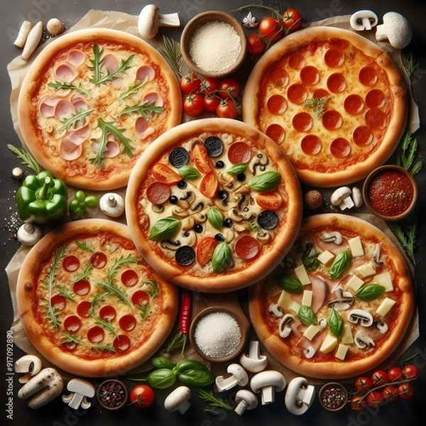 Obraz Generative AI  A selection of pizzas topped with various ingredients, set on a white background, illustrating a feast of flavors and colors.
