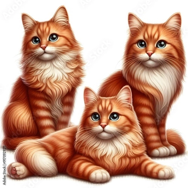 Obraz Generative AI  A trio of red cats lounging side by side on a bright white background, highlighting their striking color and companionship.