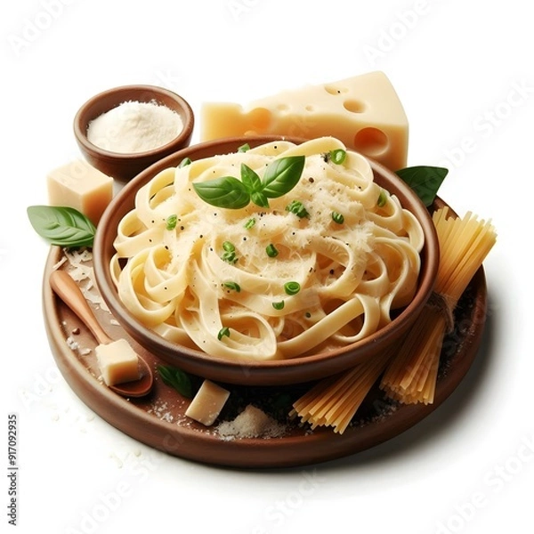 Obraz Generative AI   Overhead shot of pasta with cheese, tomatoes, and herbs on a white surface, emphasizing the dish's colorful ingredients.
