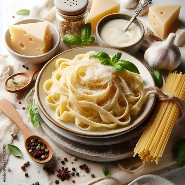 Obraz Generative AI  White background featuring a top view of pasta garnished with cheese, tomatoes, herbs, and spices, highlighting its d