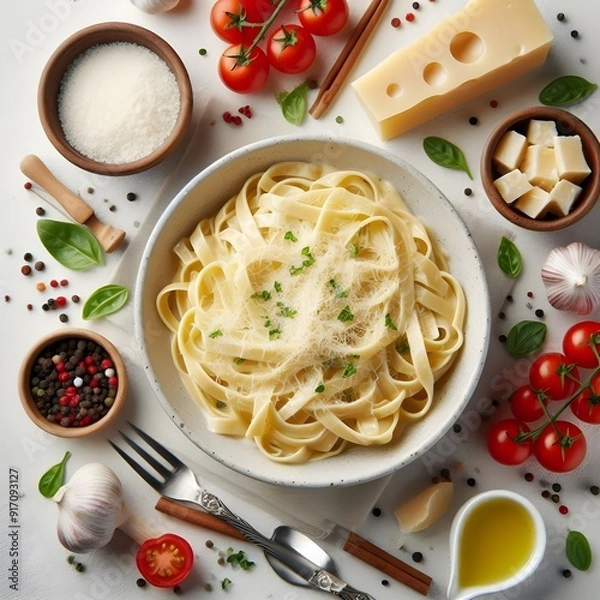 Obraz Generative AI  Aerial view of pasta adorned with cheese, fresh tomatoes, herbs, and spices, set against a clean white background.