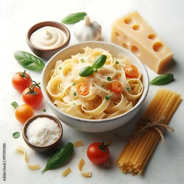Obraz Generative AI  Top view of pasta topped with cheese, tomatoes, herbs, and spices on a white background, showcasing vibrant colors and textures.
