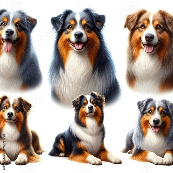 Obraz Generative AI  Six variations of Australian Shepherd breeds, illustrating their individual looks and personalities in a lively composition.
