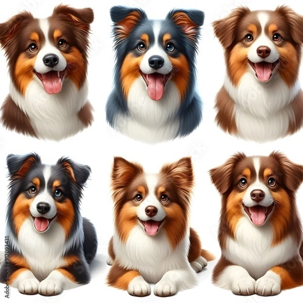 Obraz Generative AI  A group of six Australian Shepherd breeds, each exhibiting unique traits and colors, set against a natural backdrop.