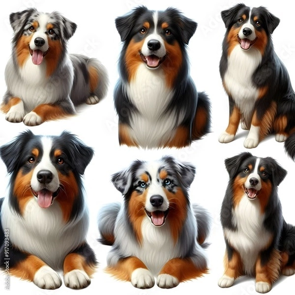 Obraz Generative AI   Six distinct Australian Shepherd breeds displayed together, highlighting their diverse appearances and playful nature.
