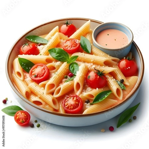 Obraz Generative AI  Overhead shot of penne pasta with tomato sauce and basil, elegantly arranged on a white background.
