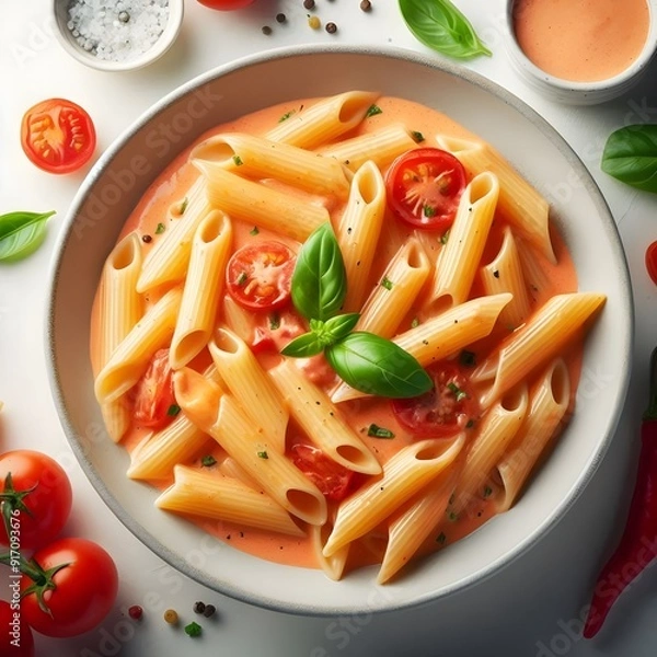 Fototapeta Generative AI   Penne pasta in tomato sauce, adorned with basil leaves, displayed from above on a pristine white surface.
