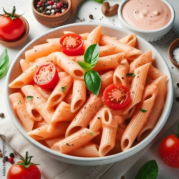 Obraz Generative AI  Aerial view of penne pasta coated in rich tomato sauce, garnished with basil leaves, set against a white backdrop.