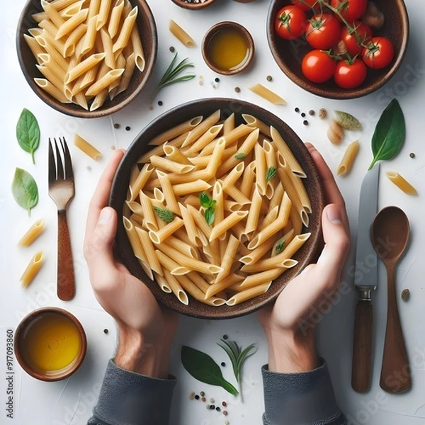 Obraz Generative AI  White table showcasing a bowl of pasta adorned with leaves, captured from a top-down angle.