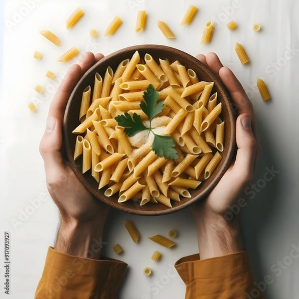 Obraz Generative AI  Top view of a bowl filled with pasta and fresh leaves, elegantly arranged on a white table surface.
