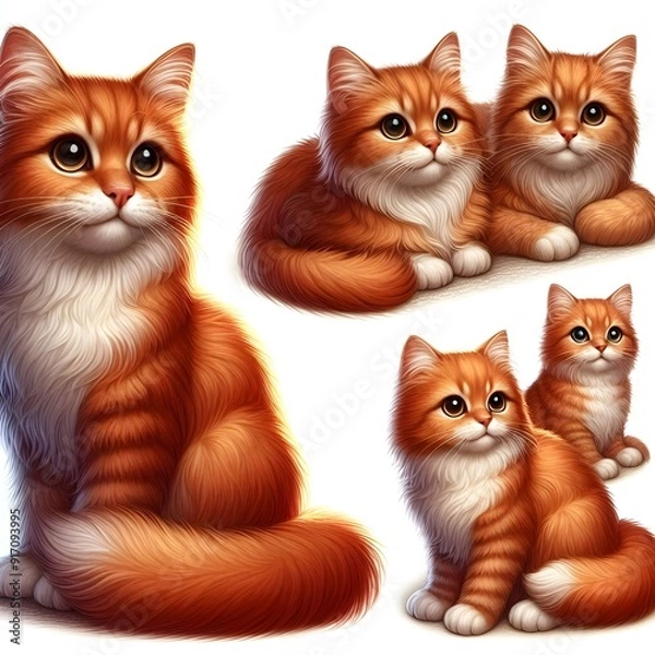 Obraz Generative AI  Three red cats sitting closely together against a clean white background, showcasing their vibrant fur and playful demeanor.
