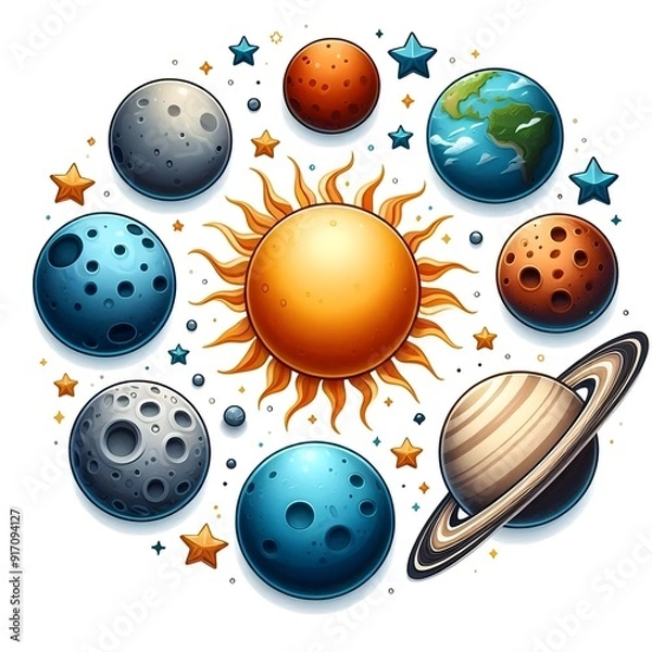Obraz Generative AI  Visual illustration of the solar system, featuring the sun surrounded by the planets, emphasizing their orbital paths.