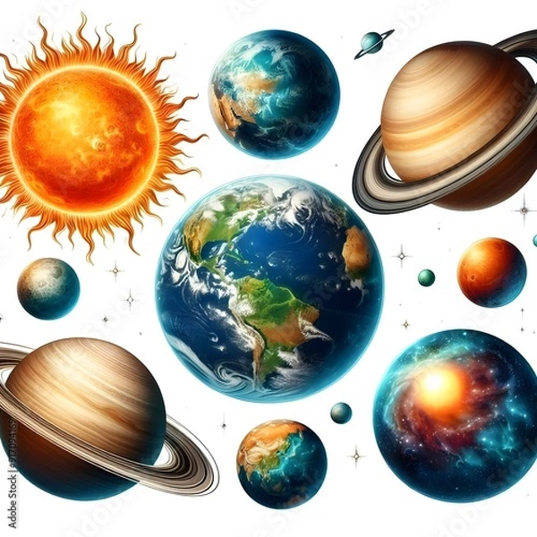 Obraz Generative AI  Artistic representation of the solar system, displaying the sun at the center with planets orbiting in a vibrant arrangement.
