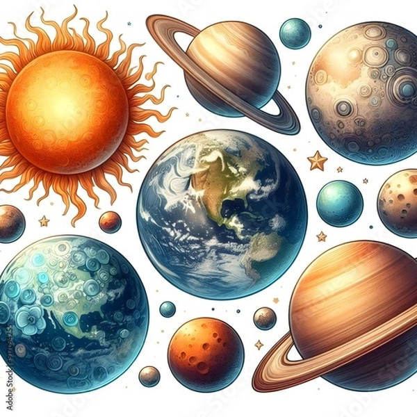 Fototapeta Generative AI  A colorful depiction of the solar system, highlighting the sun and the planets in their respective orbits around it.
