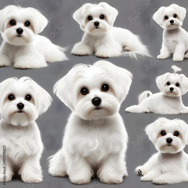 Obraz Generative AI  Vector illustrations showcasing a collection of charming Maltese dogs in different playful stances.
