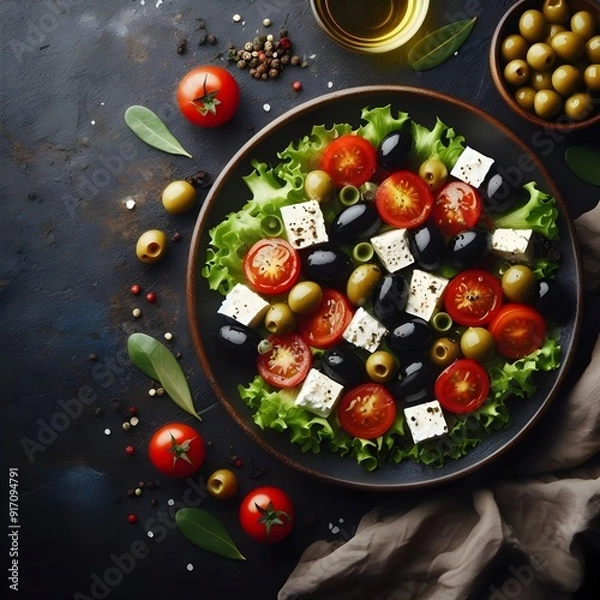 Obraz Generative AI  A black plate displays a Greek salad with olives, tomatoes, spinach, and feta cheese, captured from a top-down perspective.
