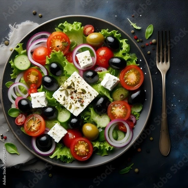 Obraz Generative AI  Top view of a Greek salad on a black plate, showcasing feta cheese, olives, tomatoes, and spinach in a colorful arrangement.