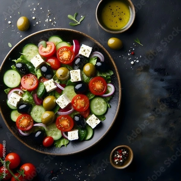 Obraz Generative AI  A black plate holds a vibrant Greek salad with feta cheese, olives, tomatoes, and fresh spinach, viewed from above.