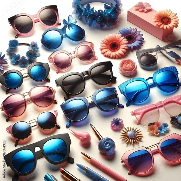 Obraz Generative AI  Four colorful sunglasses in distinct shapes, representing a variety of fashionable options for sun protection.