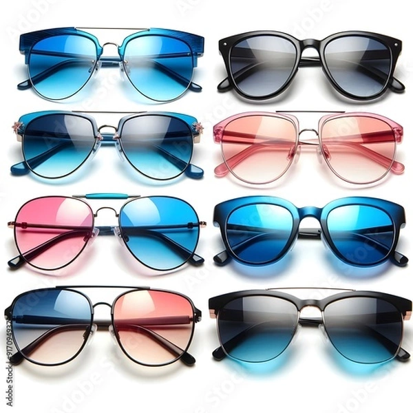 Obraz Generative AI   A display of four uniquely shaped sunglasses in different colors, highlighting diverse styles for summer fashion.