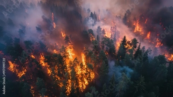 Fototapeta A forest fire is raging through a wooded area