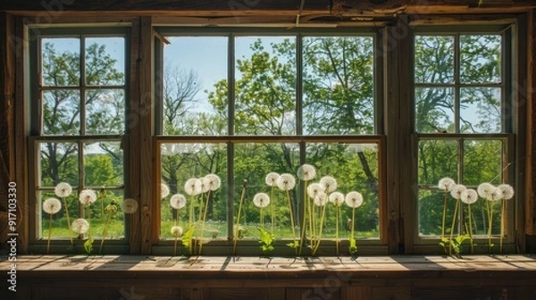 Fototapeta View of dandelions and trees through the window.