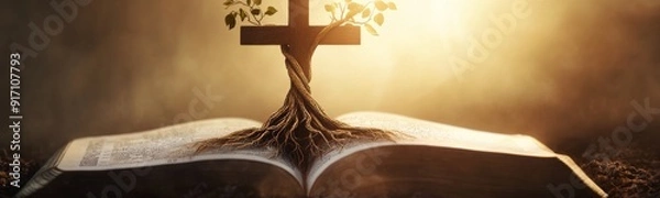 Obraz Rooted in Faith: The Foundation of Belief with a Cross Intertwined with Roots on an Open Bible, Symbolizing Deep Spiritual Roots and an Enduring Connection to Christian Doctrine.